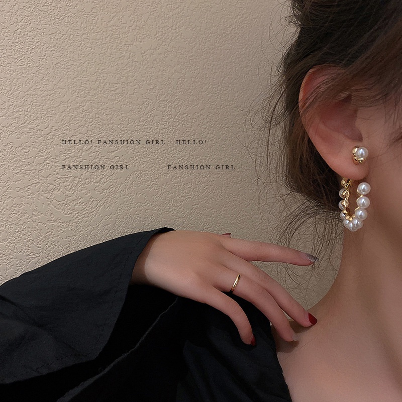 Bông tai bạc 925 hình chữ c đính ngọc trai nhân tạo đơn giản thời trang