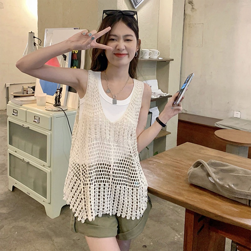 Áo Len Đan Móc Không Tay Cổ Chữ V Dáng Rộng Thời Trang Mùa Hè Quyến Rũ Dành Cho Nữ