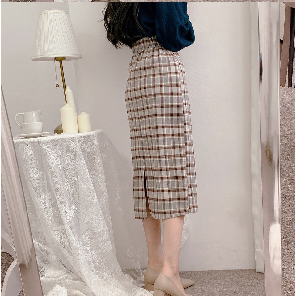 Bộ Áo Phối Ren + Chân Váy Lưng Cao Sọc Ca Rô Xinh Xắn Cho Nữ 38051