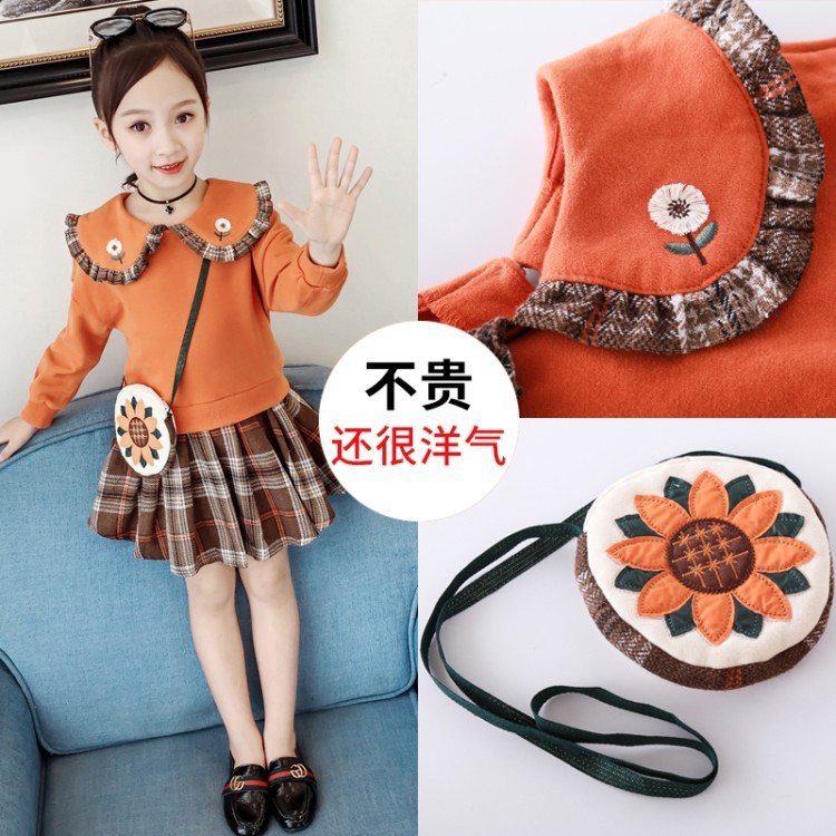 Set Áo Sweater Tay Dài Cổ Búp Bê + Chân Váy Sọc Ca Rô Thời Trang Xuân Thu Dễ Thương Cho Bé Gái