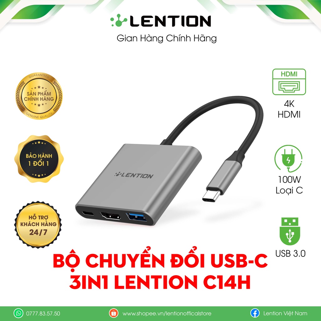 Bộ Chuyển Đổi Đa Năng USB-C HUB 3 in 1 Lention C14H ,Nguồn Điện 100W Loại C,Từ USB-C Sang USB3.0, HDMI và cổng sạc PD
