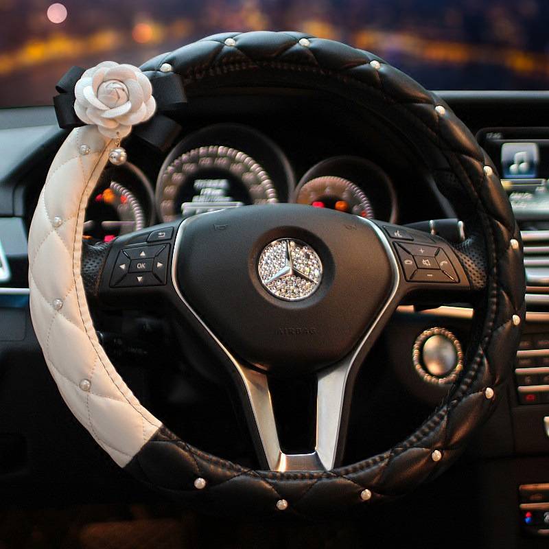 Vỏ bọc tay lái bằng da PU đính đá hình hoa trà độc đáo dành cho xe hơi