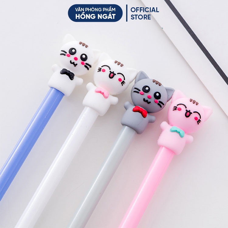 Bút bi cute mèo đeo nơ, bút bi nước mực gel đen ngòi 0.5mm nhiều màu dễ thương đồ dùng học tập B13