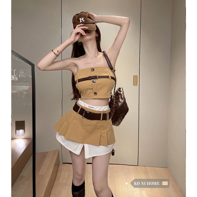 Set áo cúp ngực + chân váy 2 mảnh kèm belt