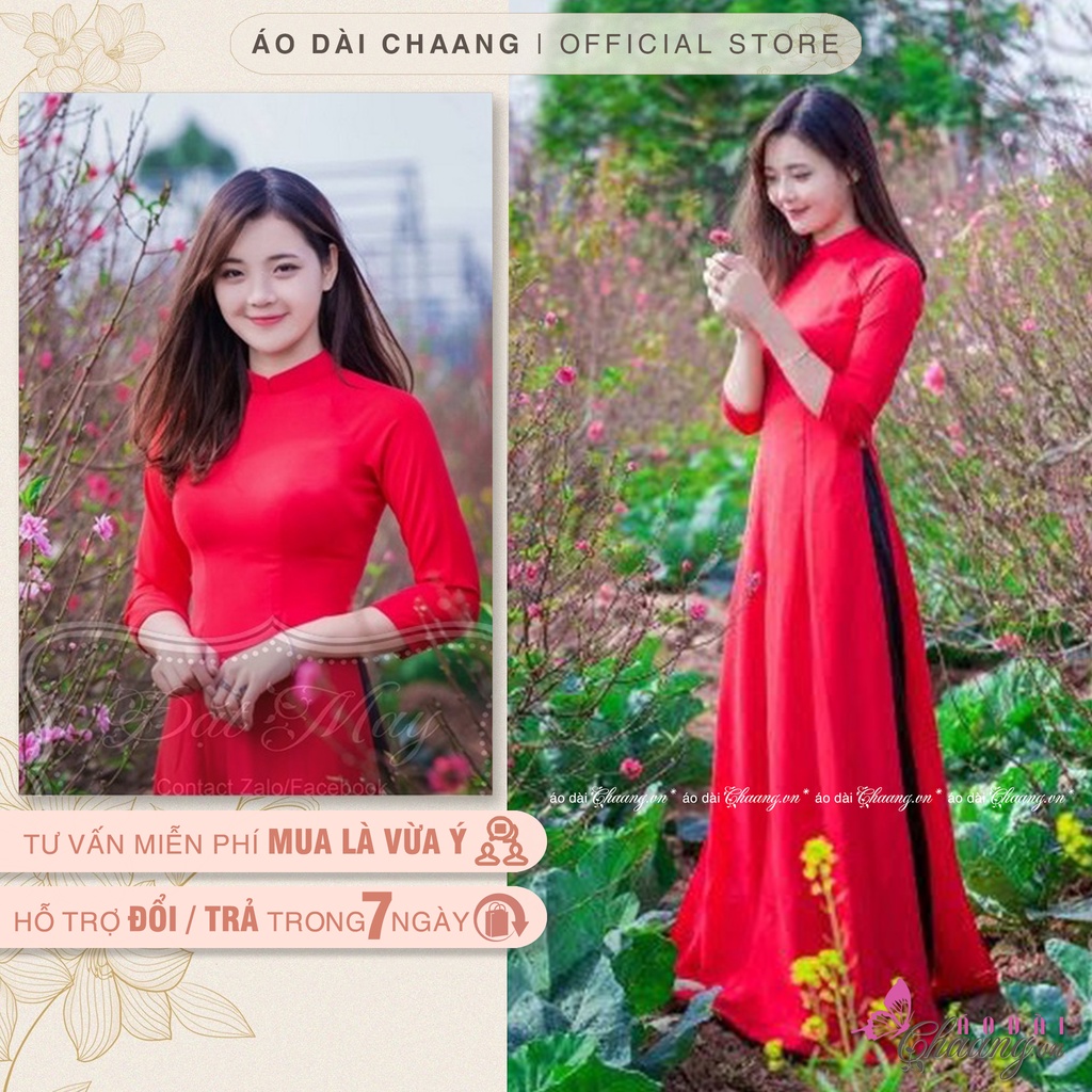 Áo dài đỏ tươi Chaang may sẵn Áo dài truyền thống may sẵn cổ vuông tay lỡ lụa mỹ cao cấp
