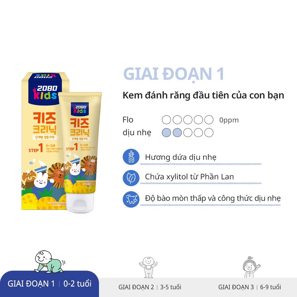 Kem đánh răng trẻ em Kids Clinic 2080 bảo vệ bé khỏi sâu răng, chứa canxi cho răng chắc khoẻ cho bé từ 0-9 tuổi 80g