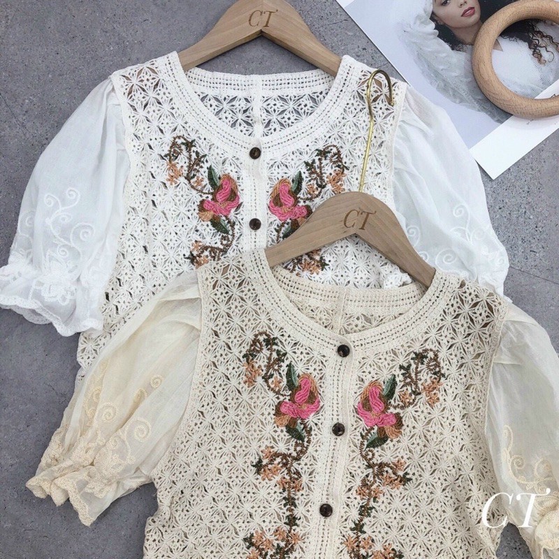 Áo ren hoạ tiết thêu hoa pha tay boi hit hot