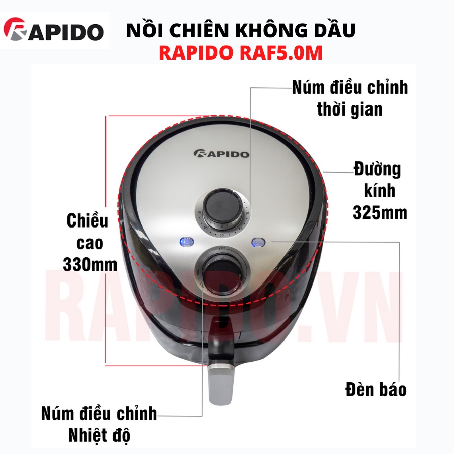 [Mã ELHADEV giảm 4% đơn 300K] NỒI CHIÊN KHÔNG DẦU RAPIDO 5L