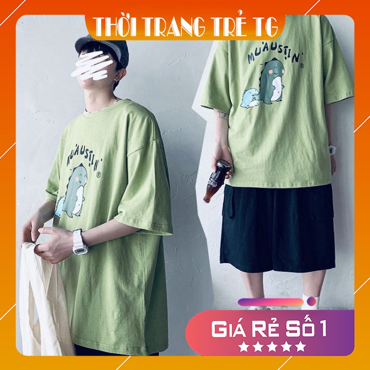 Áo thun 𝑭𝒓𝒆𝒆𝒔𝒉𝒊𝒑 Áo phông form rộng Unisex L80, mặc lớp, nhóm, cặp in hình KHỦNG LONG chữ MUAUSTIN xanh