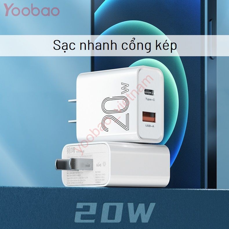 Củ Sạc Nhanh 2 Cổng USB-A & Type-C Sạc Nhanh PD 20W Chính Hãng Yoobao RY-U20