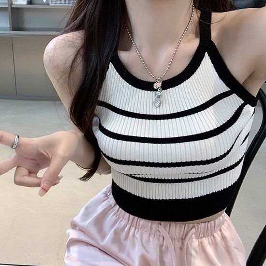 Áo Hai Dây Dệt Kim Ôm Dáng Họa Tiết Kẻ Sọc Phong Cách Hàn Quốc Cổ Điển Thời Trang Cho Nữ