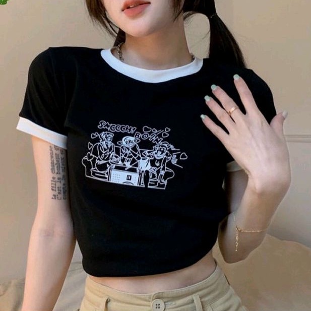 Áo thun phối viền cổ tròn và tay in hình PC