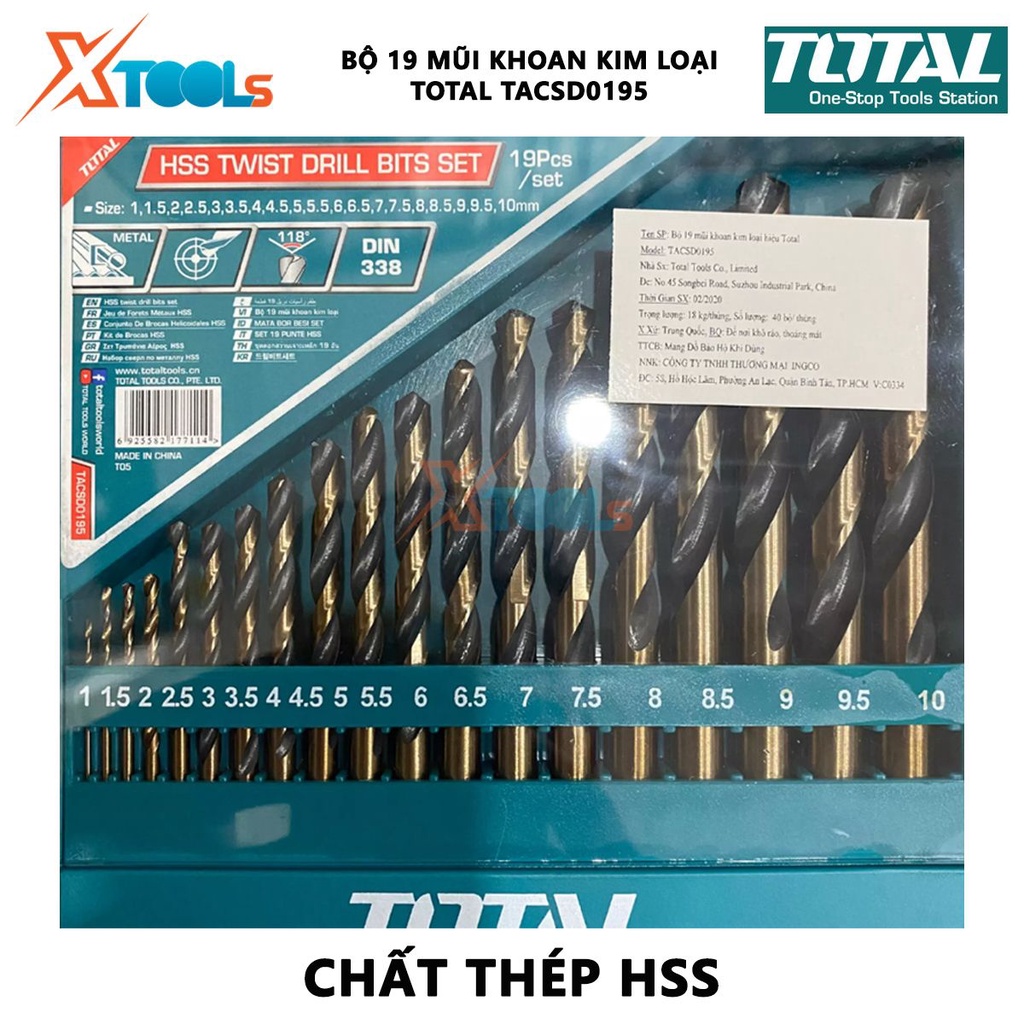 Bộ 19 mũi khoan hss TOTAL TACSD0195 Combo mũi khoan kim loại 19 mũi có kích thước từ 1 - 10 mm, mũi khoan hợp kim thép,