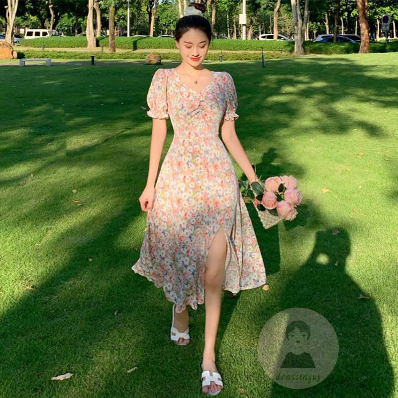 Đầm Hoa Tay Phồng Cổ Chữ V Xẻ Tà Thời Trang Mùa Hè Cho Nữ