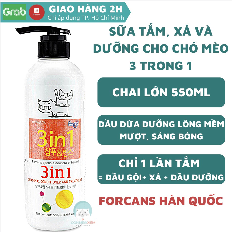 Sữa tắm cho chó mèo 3 in 1 Forcans 550ml, gội xả dưỡng lông hư tổn chó mèo mềm mượt Con Mèo Xiêm Shop