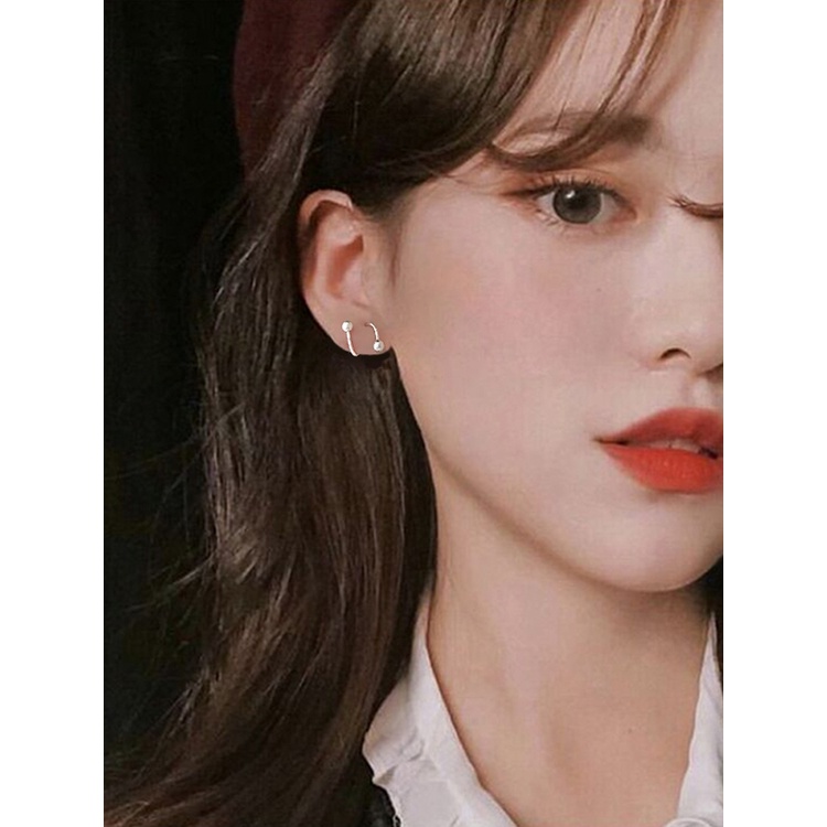 Khuyên tai nữ bông tai nữ bạc s925 kẹp móc xỏ vòng cong 2 đầu bi Cá jewelry KB109