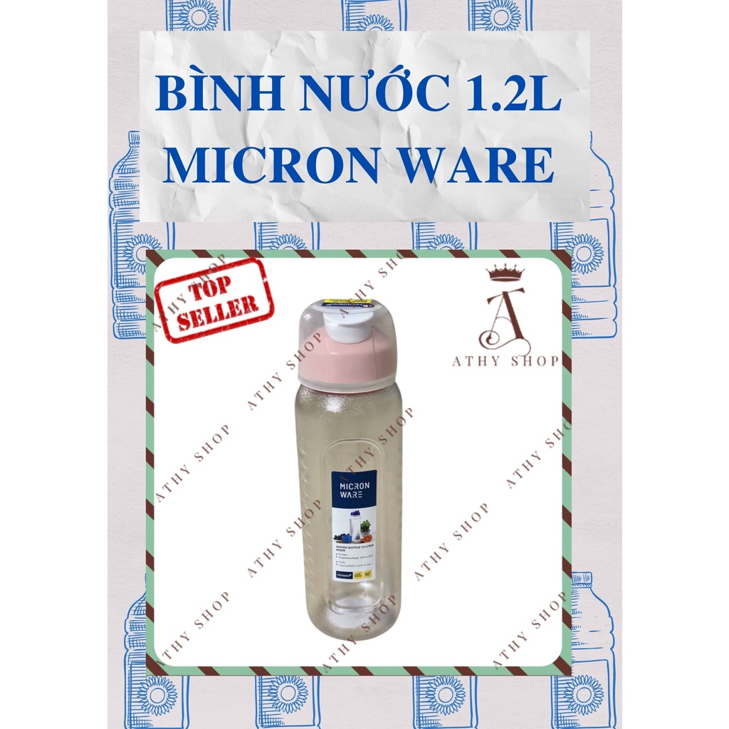 BÌNH NƯỚC NHỰA ĐẸP 1.2L MICRON WARE, loại lớn 1.2 lit, chai chứa nước đem theo đi học, water bottle, thể thao đi làm