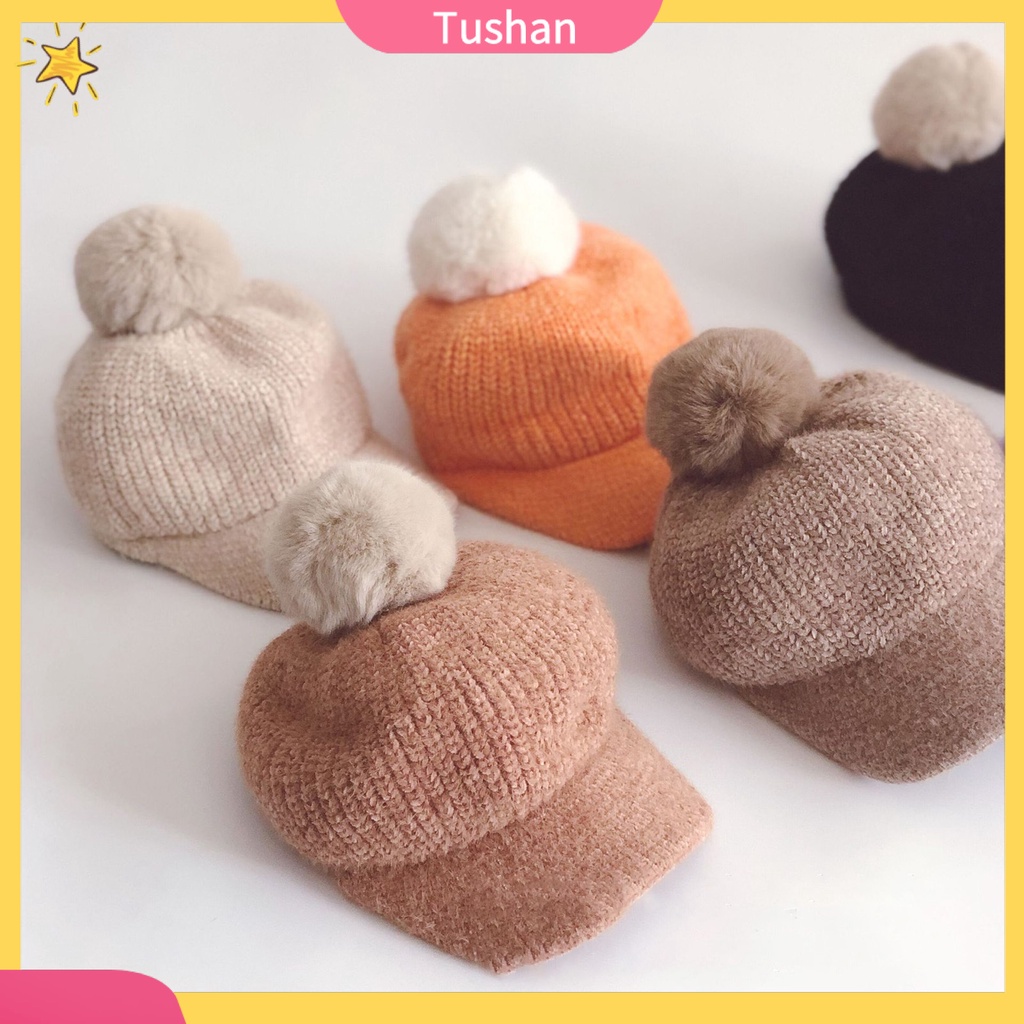 Mũ cotton mềm vành ngắn màu trơn chống gió thời trang mùa đông cho bé