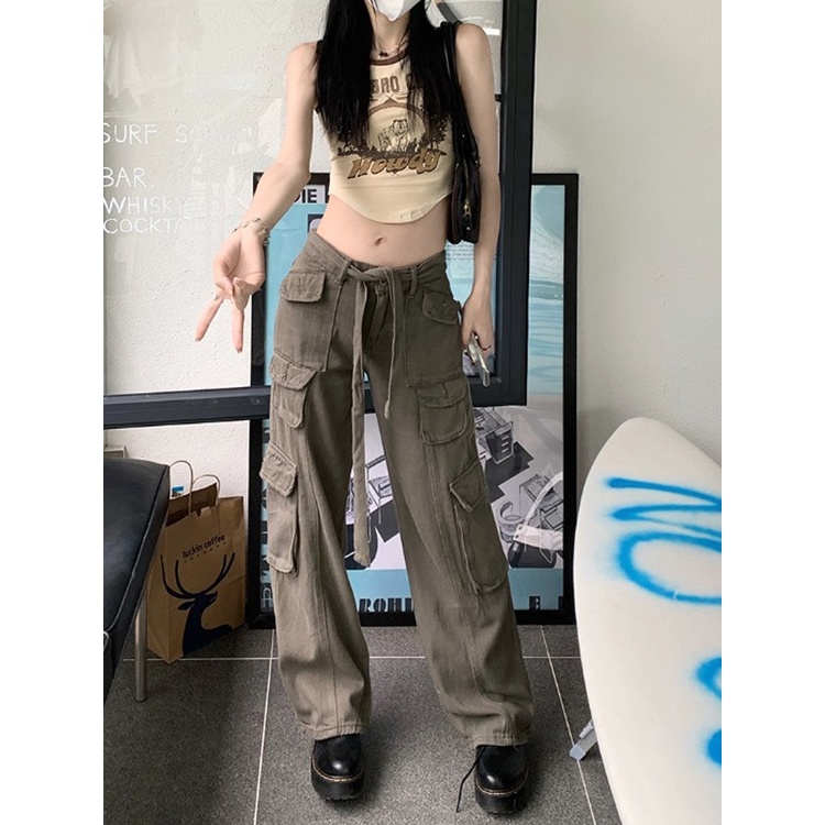 QADCOL Quần Jean Lưng Thấp Ống Rộng Phối Túi Cá Tính Theo Phong Cách 2022