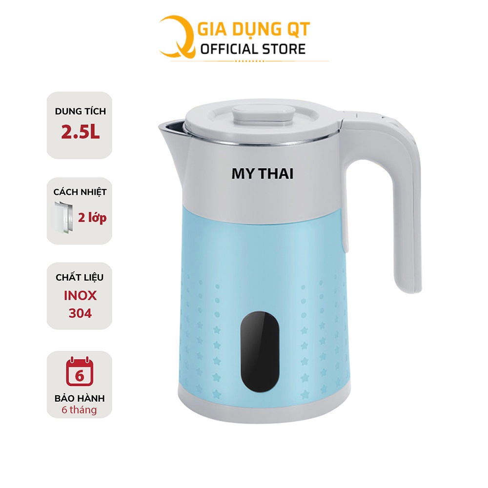Ấm đun siêu tốc Thái 2.5L MY THAI mới 2022 công suất lớn - Ấm đun siêu tốc inox 2500ml 2 lớp chống bỏng