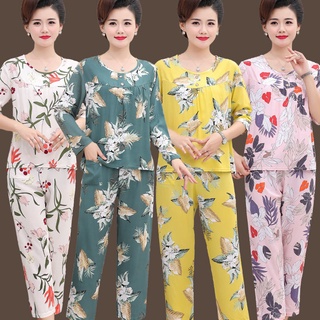 Bộ đồ ngủ cotton lụa nữ mỏng, thun dài tay rayon trung niên tại nhàP