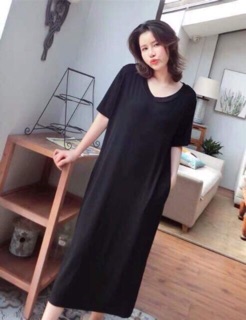 Váy suông basic cổ tym dáng dài chất cotton(2 màu đen-xám)