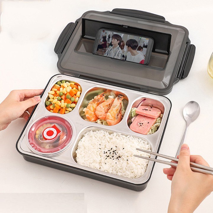 Khay Đựng Cơm, Hộp Đựng Cơm Inox LUNCH BOX Cao Cấp 5 Ngăn Đa Năng Tiện Lợi