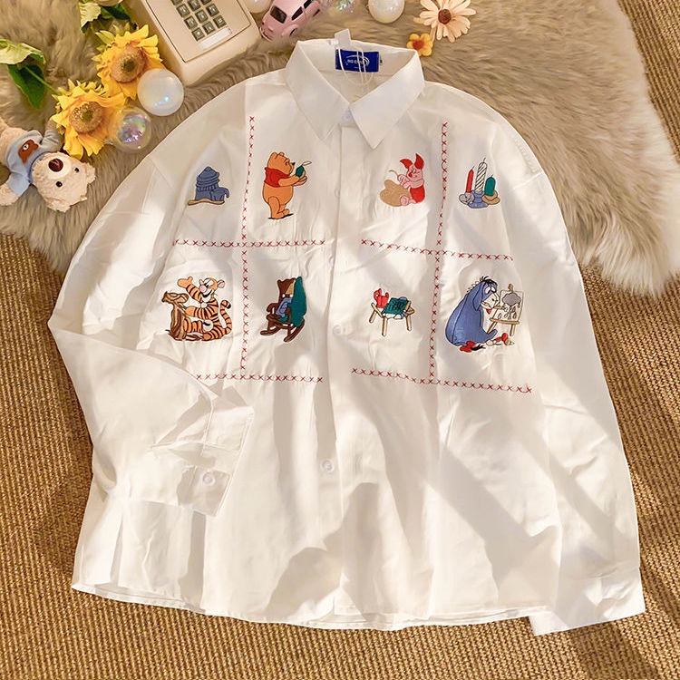 Áo sơ mi trắng dáng rộng thêu họa tiết hoạt hình thời trang mùa thu thích hợp cho nữ