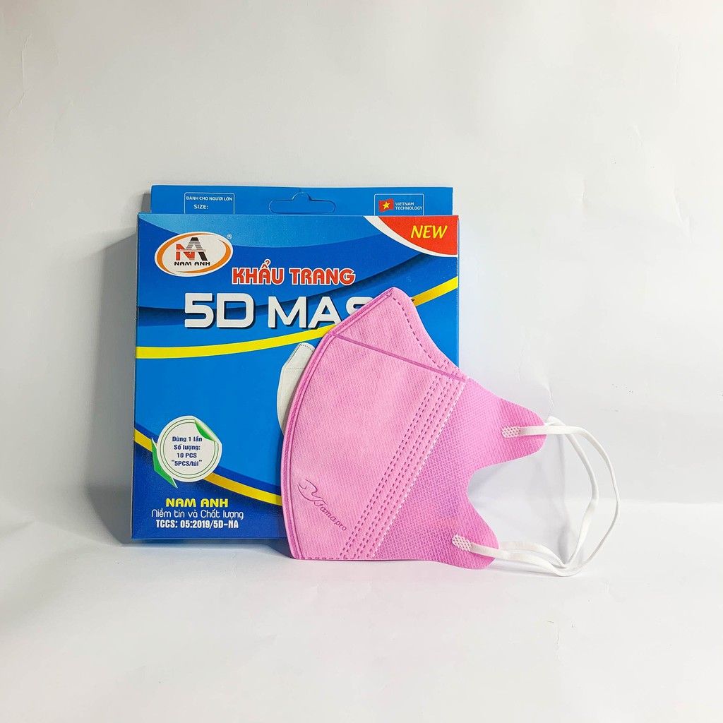 Khẩu trang 5D MASK NAM ANH, khẩu trang y tế màu hồng, hộp 10 chiếc, dày 3 lớp , quai thun# qmc