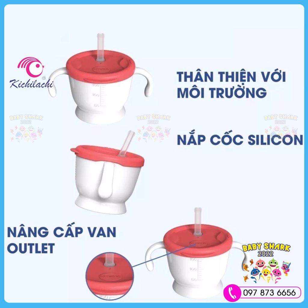 [Tặng cọ ống hút] Cốc tập uống, tập hút 3 giai đoạn Kichilachi Nhật Bản tiện lợi cho bé có vạch chia ml