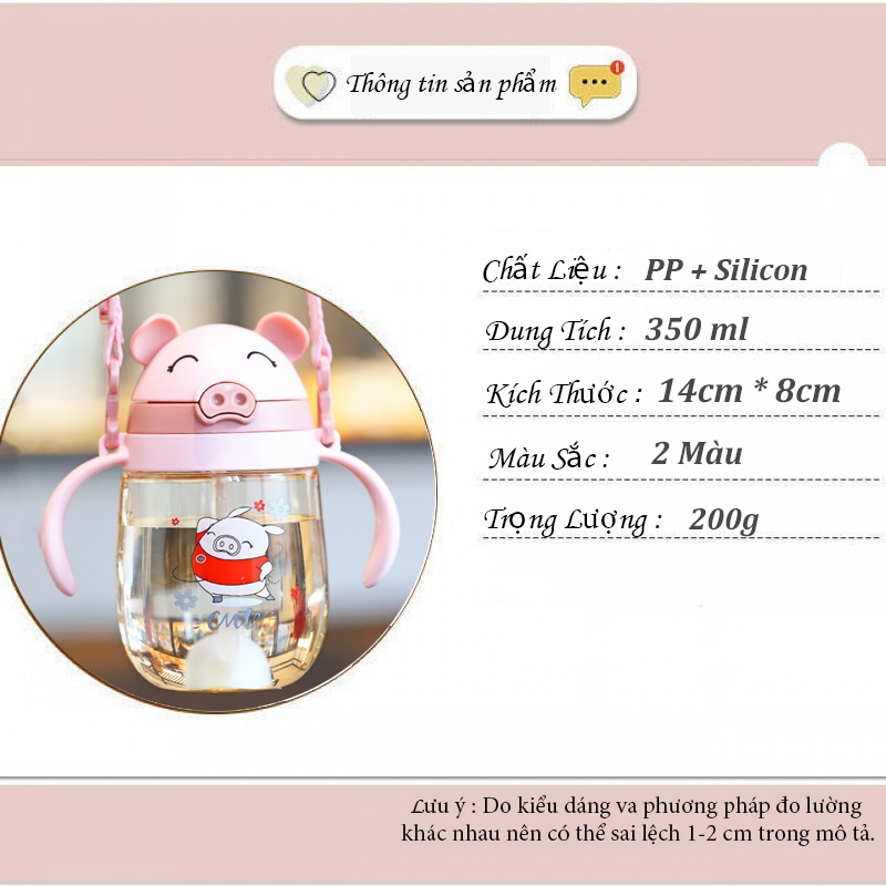 Bình uống nước chống sặc cho bé con heo bình tập uống nước cho bé 350ml có ống hút và dây đeo cute B6