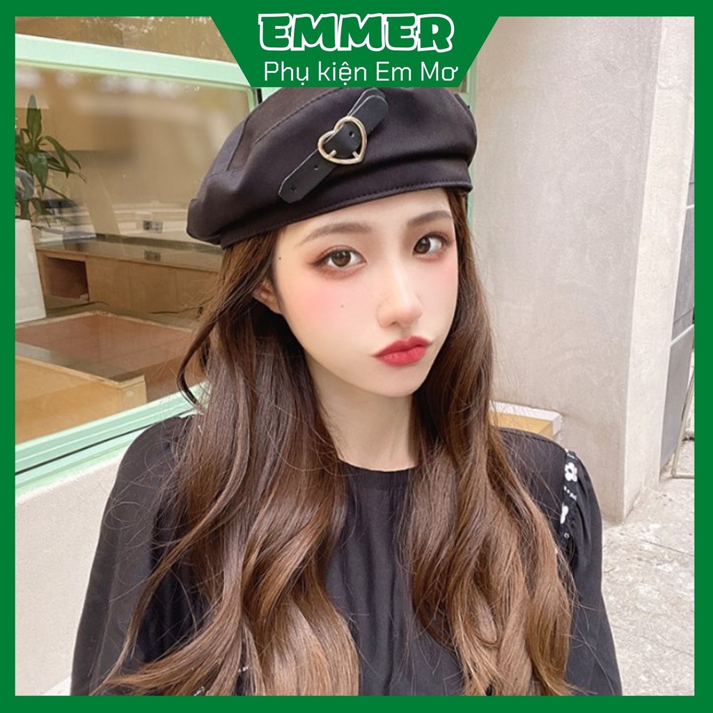Mũ nồi nữ kaki đen phối chốt trái tim, nón beret newsboy phong cách ulzzang Hàn Quốc trend Emmer