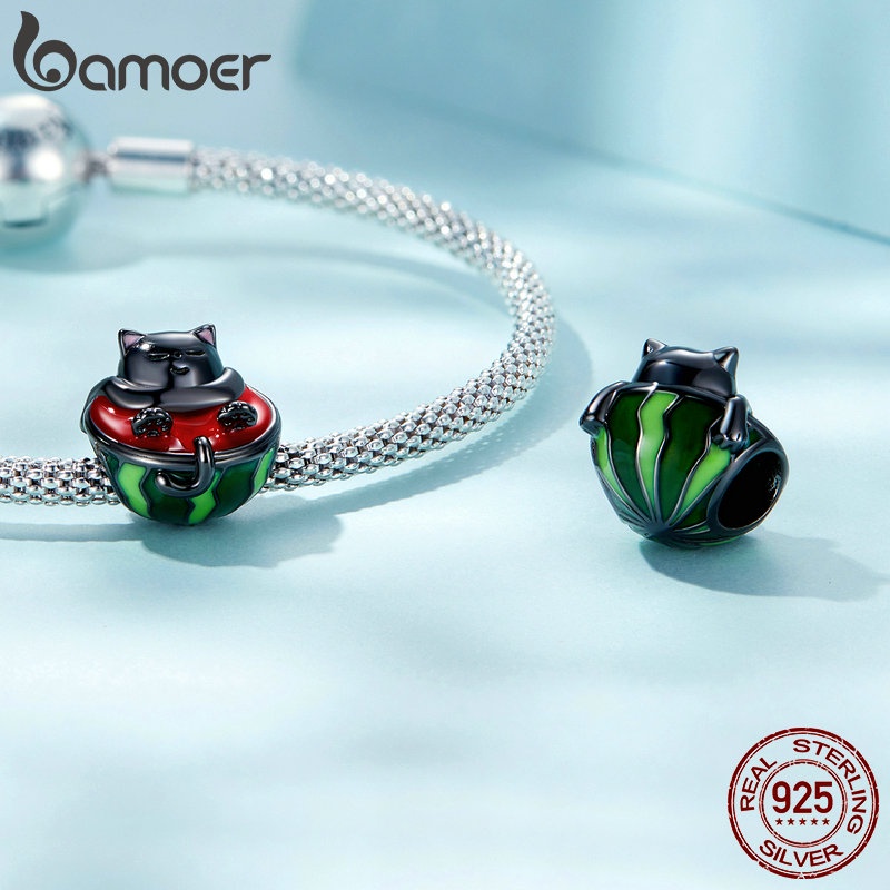 Hạt xâu làm nữ trang Bamoer bạc 925 hình mèo ôm dưa hấu