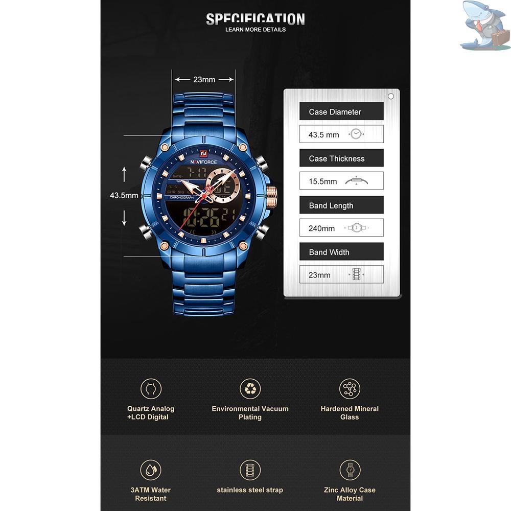 Đồng hồ đeo tay điện tử bằng thép không gỉ Smartshark chống nước 3ATM giờ GMT đa chức năng sáng bóng Chronograph NF9163