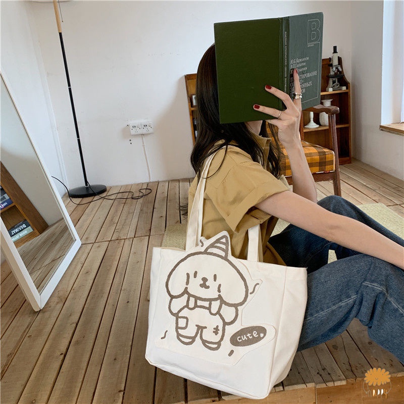Túi canvas đeo chéo cỡ lớn in hình chú chó đơn giản thời trang dành cho học sinh