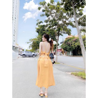 Đầm tơ đũi 2 dây đan nơ lưng