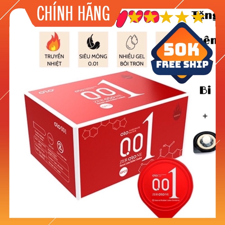 Bao Cao Su OLO 0.01mm Đỏ , Siêu Mỏng Truyền Nhiệt Tặng Kèm Bi , Gốc Nước - Hộp 10 Bcs + 1 viên bi