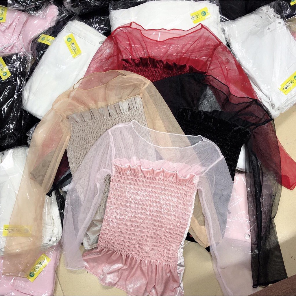 Áo nhúng tay lưới - vải nhung - kèm ảnh thật