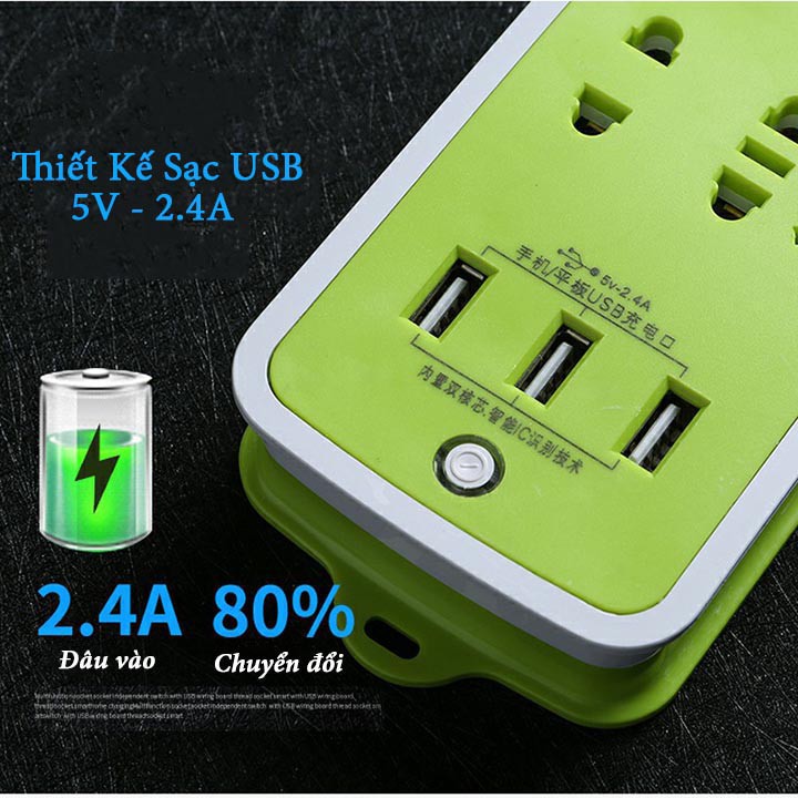 Ổ cắm điện đa năng xanh chống giật có công tắc và đèn gồm 9 lỗ cắm và 3 cổng usb dây dài 1.5 mét, ổ điện usb thông minh