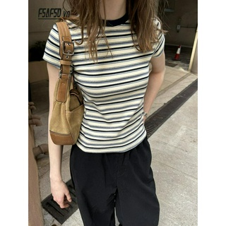 Mỹ Retro Sọc Slim-fit Vai Ngắn Tay Áo Thun Nữ Mùa Hè Hot Girl Áo Sơ Mi Đáy Ngắn