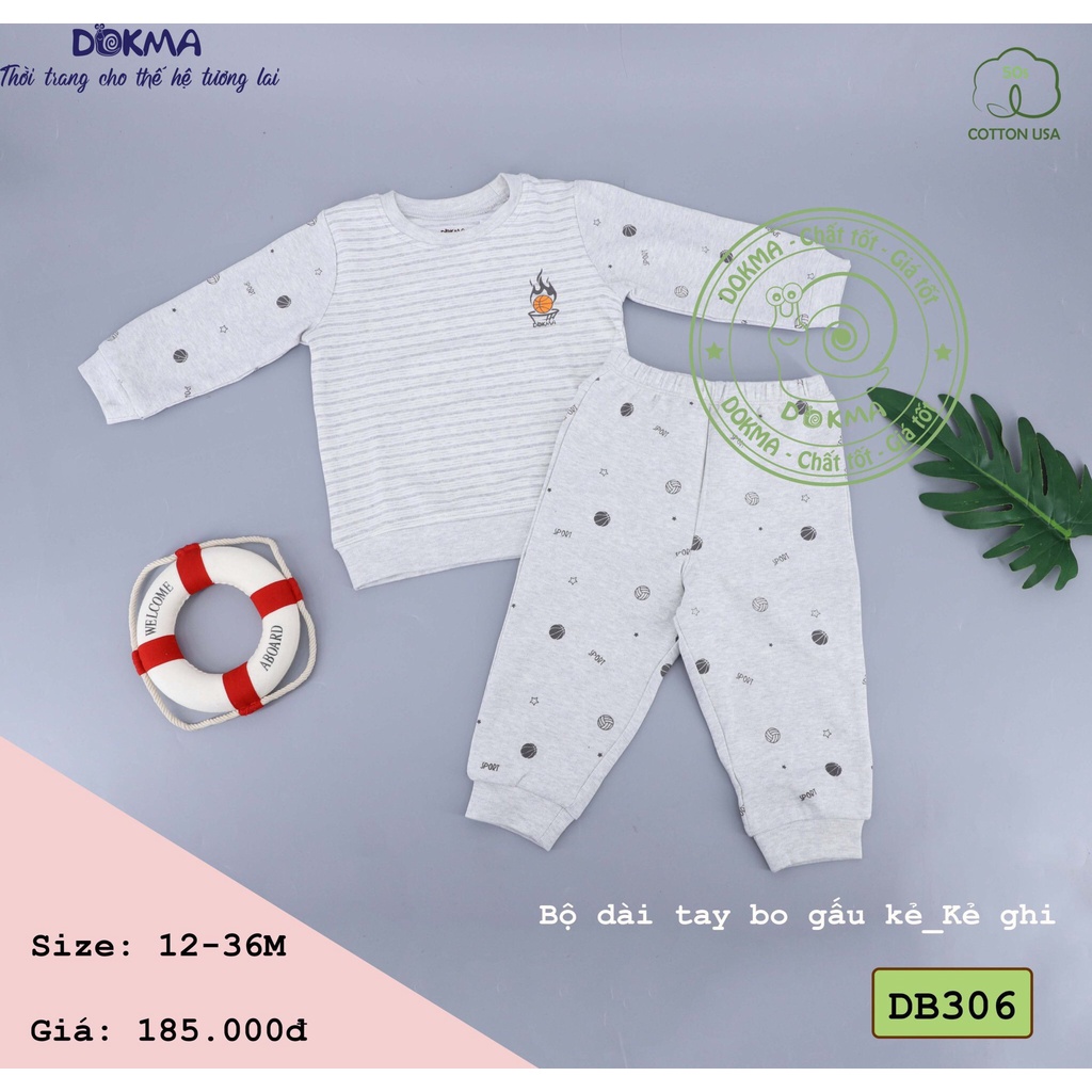 [Chính Hãng] Bộ dài tay nỉ cotton bo gấu kẻ họa tiết trẻ em DB306 Dokma