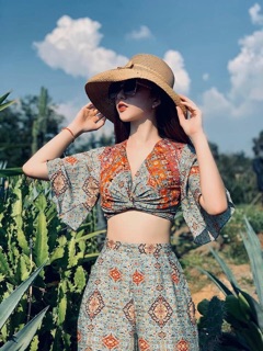 [Giá Huỷ Diệt] SET thổ cẩm áo xoắn ngực tay loe + quần xẻ tà vintage hohemian (hình thật)