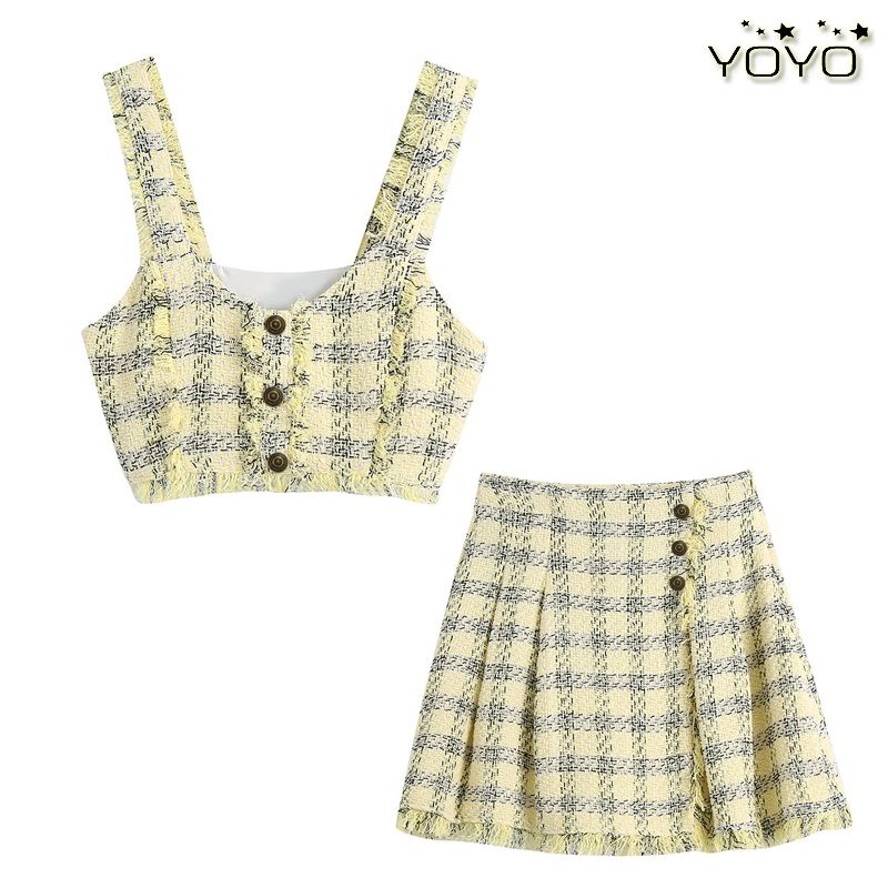 Set váy kẻ caro hai dây dạ vải tweet công sở