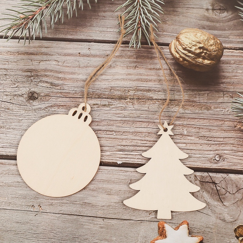 Set 10 Thẻ Gỗ Tự Nhiên Màu Trơn Kèm 10 Dây Treo Trang Trí Cây Thông Noel DIY