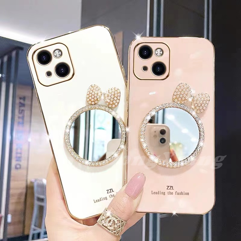 Ốp Điện Thoại Mềm Gắn Gương Trang Điểm Đính Nơ Chống Sốc Cho iPhone Xs Max 6 Plus 6S 7 8Plus