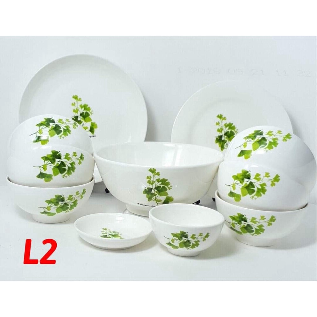 Bộ bát đĩa 11 món sứ cao cấp Bát Tràng (hàng Việt Nam chất lượng cao) (loại lông vũ, cỏ 3 lá, lá xanh xẫm)