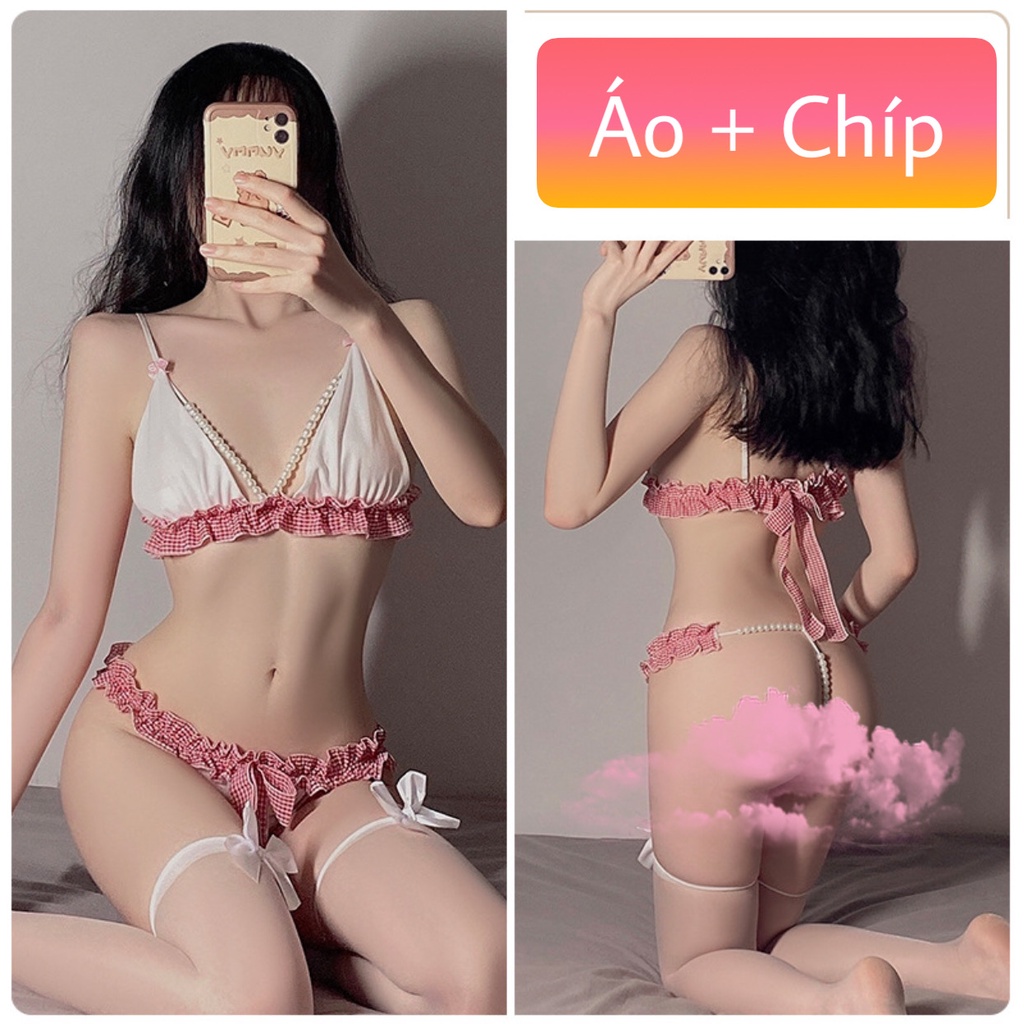 Set Bộ Đồ Ngủ 2 Mảnh Đính Nơ Ngọc Siêu Sexy Gợi Cảm Quyến Rũ Mainia Shop