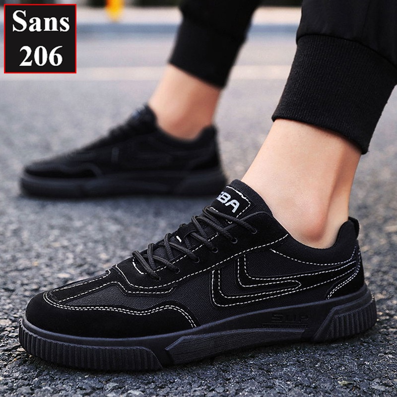 Giày sneaker nam nữ unisex Sans206 da lộn màu be đen đế bằng cột dây giầy thể thao sports