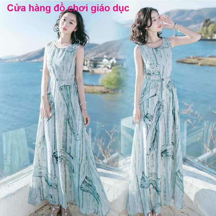 SHOP XINH Váy mùa hè mới của phụ nữ Slim voan không tay Bohemian dài bên bờ biển bãi