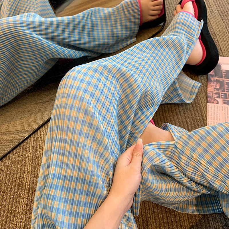 Quần Dài Lưng Cao Ống Rộng Họa Tiết Sọc Caro Thiết Kế Mới Thời Trang Mùa Hè Theo Phong Cách Harajuku Cho Nữ